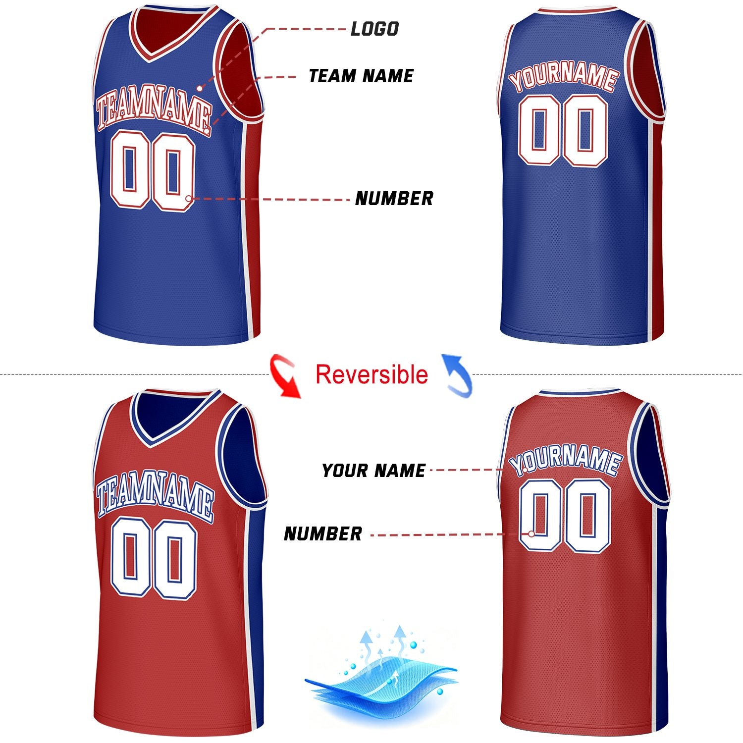 Custom Blue & Red Reversible Basketball Jersey | Personalized Team Jerseys with Name Number Logo