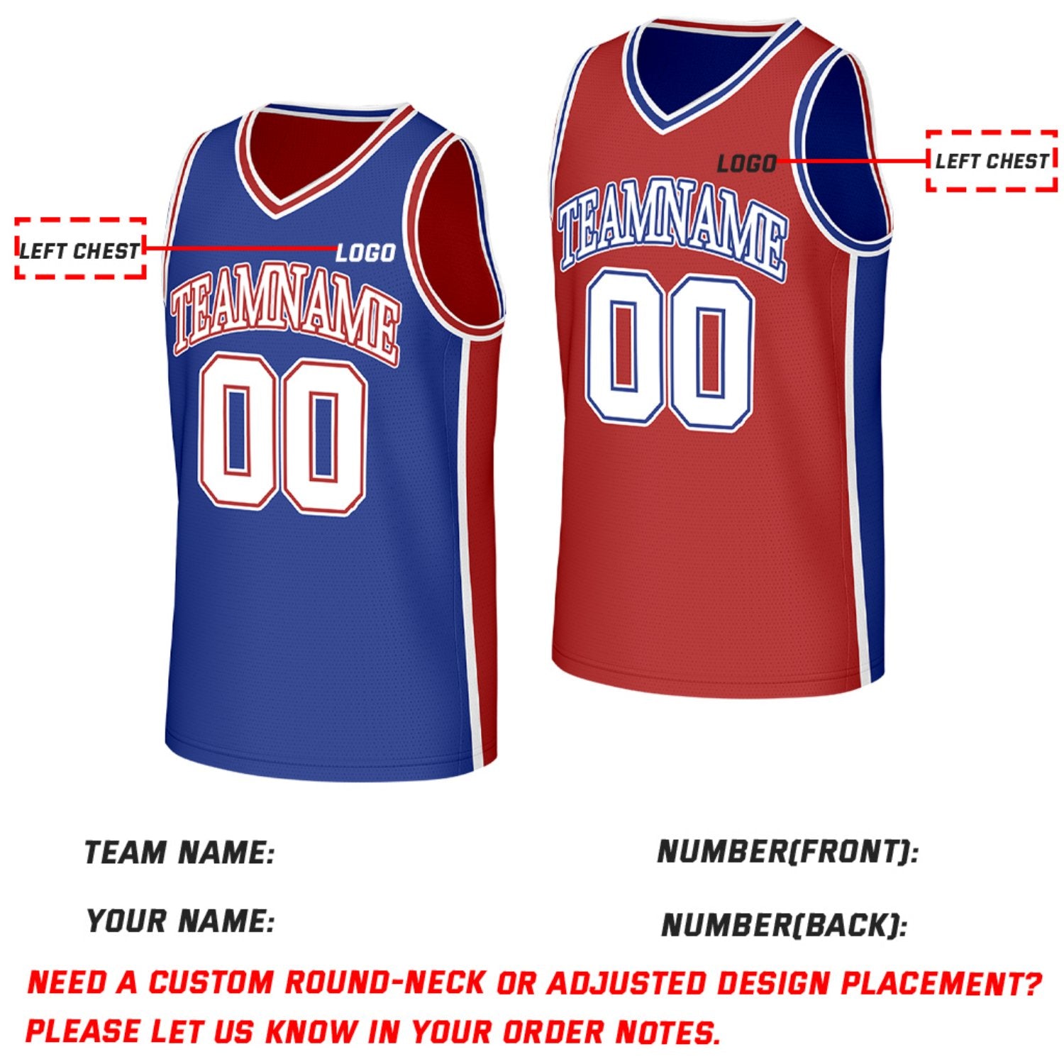 Custom Blue & Red Reversible Basketball Jersey | Personalized Team Jerseys with Name Number Logo