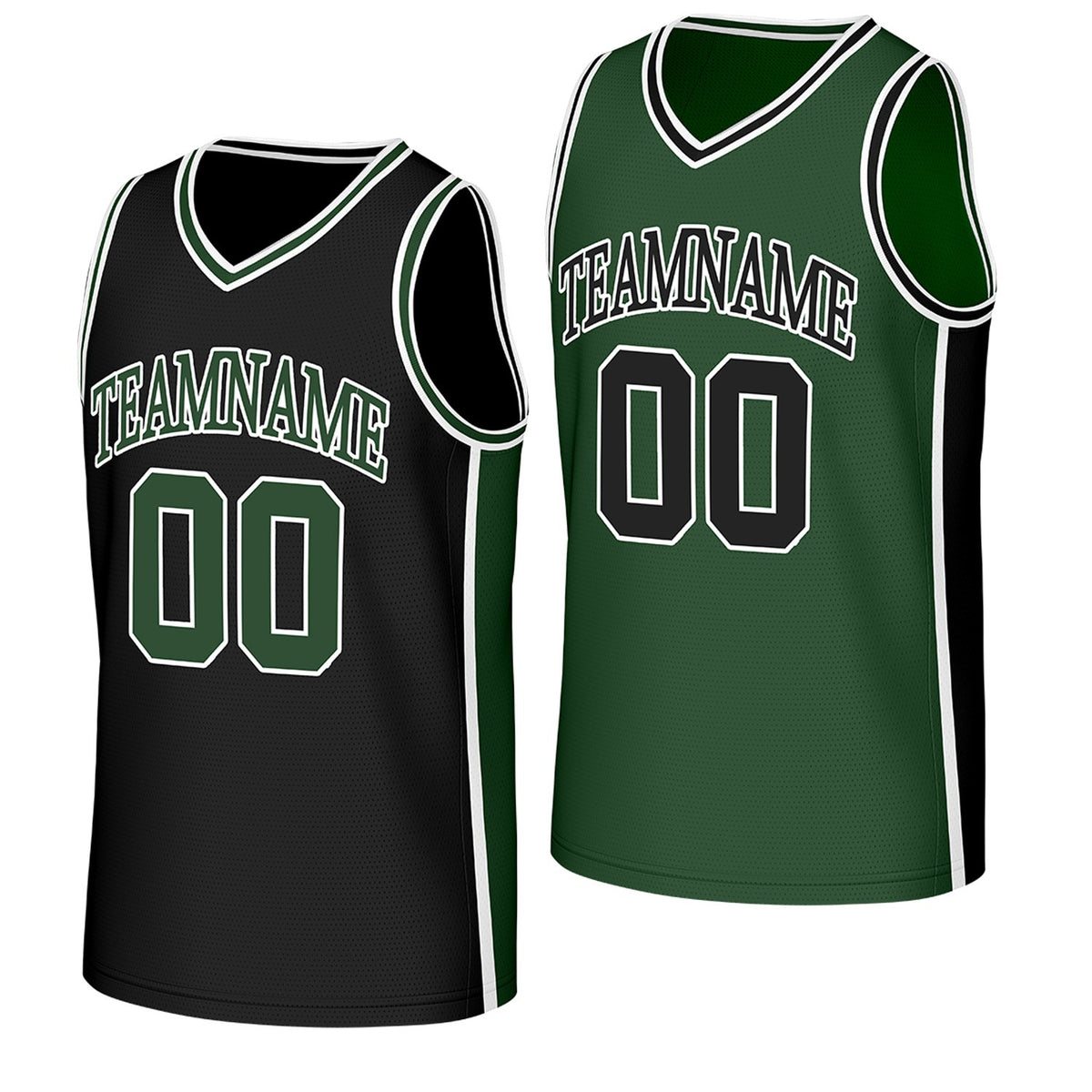 custom basketball tournament team jerseys black green reversible by Vosoli, Personalized team name, number &amp; logo. Fast delivery.