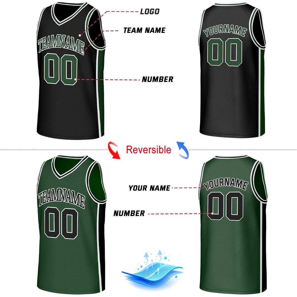 Custom Black & Green Reversible Basketball Jersey | Personalized Team Jerseys with Name Number Logo