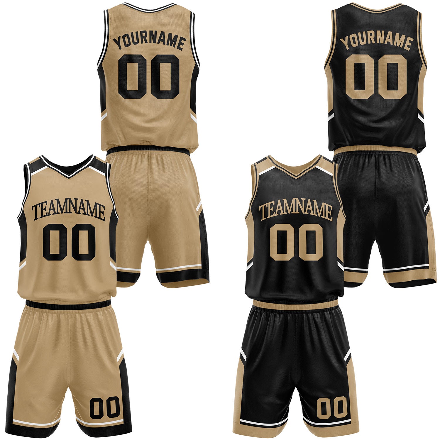 Custom basketball tournament team khaki and black reversible jerseys and shorts set, personalized team name, player number and logo, breathable moisture wicking mesh for competition games.
