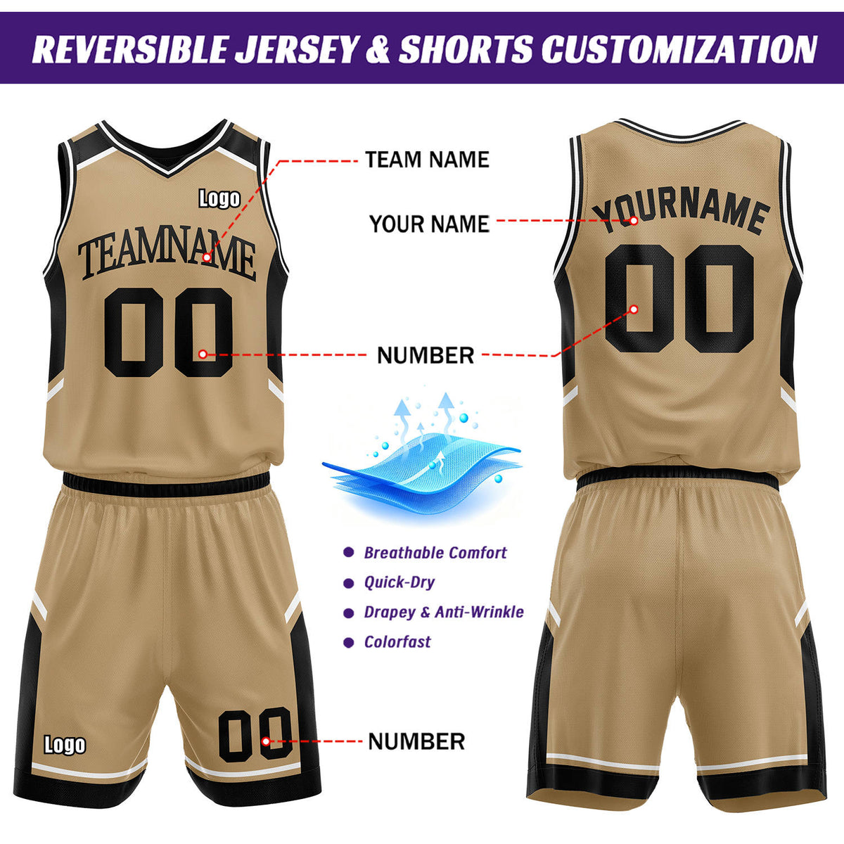 Custom Reversible Basketball Uniform Set | Khaki & Black V-Neck Sleeveless Jersey & Athletic Shorts