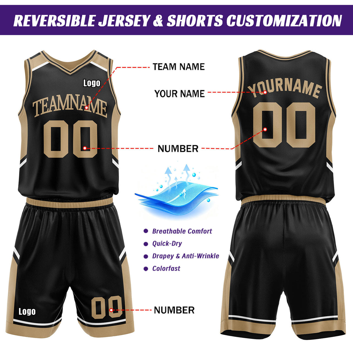 Custom Reversible Basketball Uniform Set | Khaki & Black V-Neck Sleeveless Jersey & Athletic Shorts