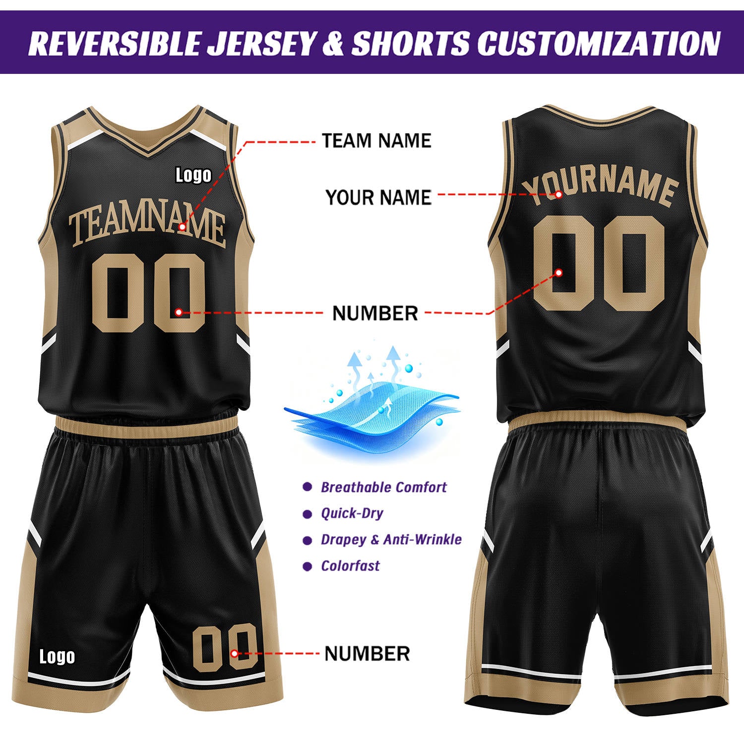 Custom Reversible Basketball Uniform Set | Khaki & Black V-Neck Sleeveless Jersey & Athletic Shorts