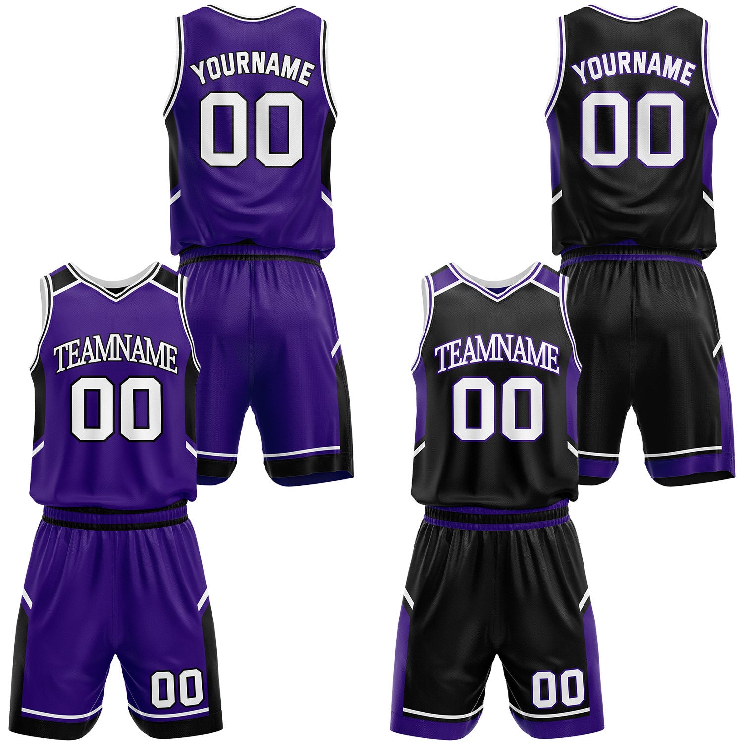Custom basketball tournament team purple and black reversible jerseys and shorts set, personalized team name, player number and logo, breathable moisture wicking mesh for competition games.