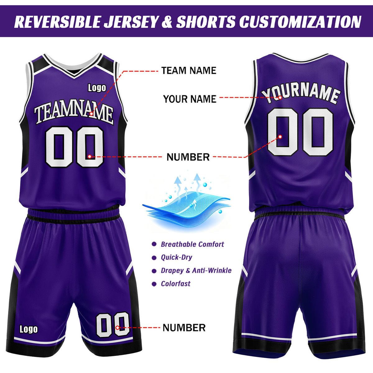 Custom Reversible Basketball Uniform Set | Purple & Black V-Neck Sleeveless Jersey & Athletic Shorts