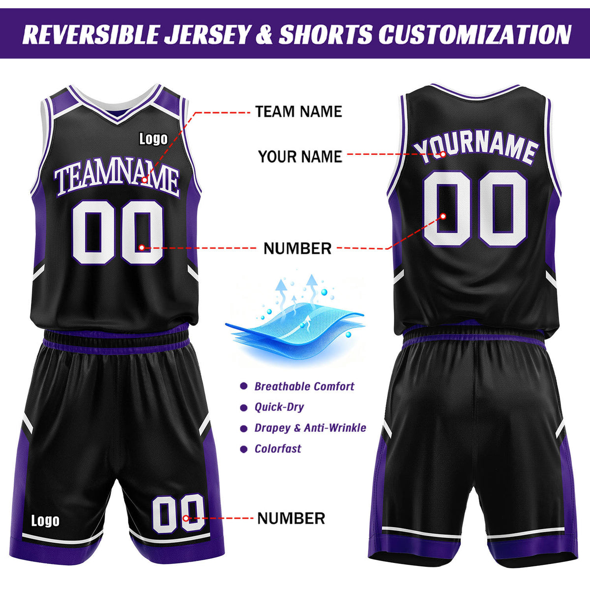 Custom Reversible Basketball Uniform Set | Purple & Black V-Neck Sleeveless Jersey & Athletic Shorts