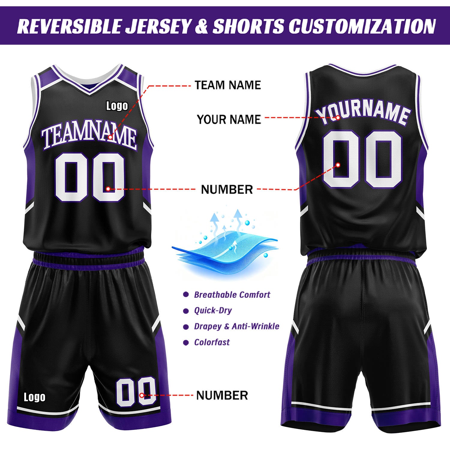 Custom Reversible Basketball Uniform Set | Purple & Black V-Neck Sleeveless Jersey & Athletic Shorts