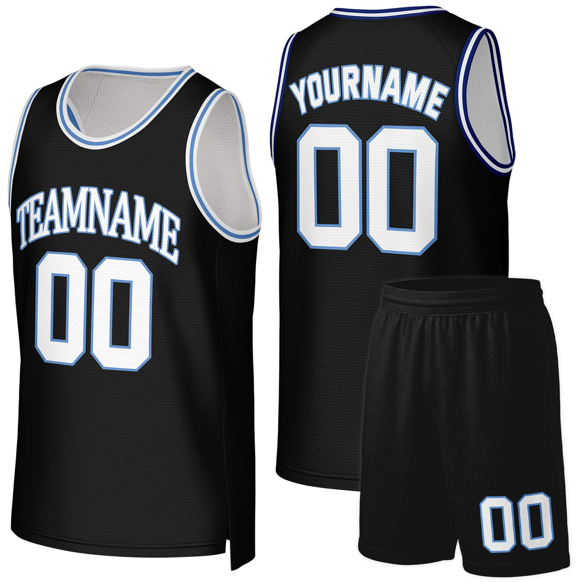 Custom basketball uniform set black‑skyblue by Vosoli, personalized team name, number & logo, quick‑dry mesh fabric for custom team sports and game‑ready basketball uniform set outfits