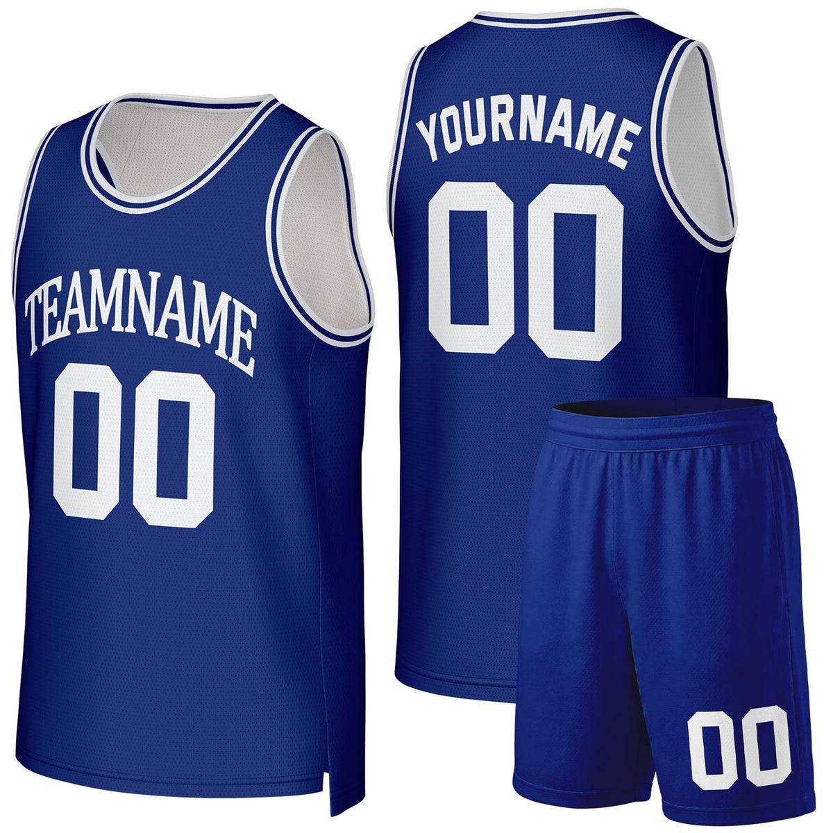 Custom basketball uniform set blue‑white by Vosoli, personalized team name, number & logo, quick‑dry mesh fabric for custom team sports and game‑ready basketball uniform set outfits