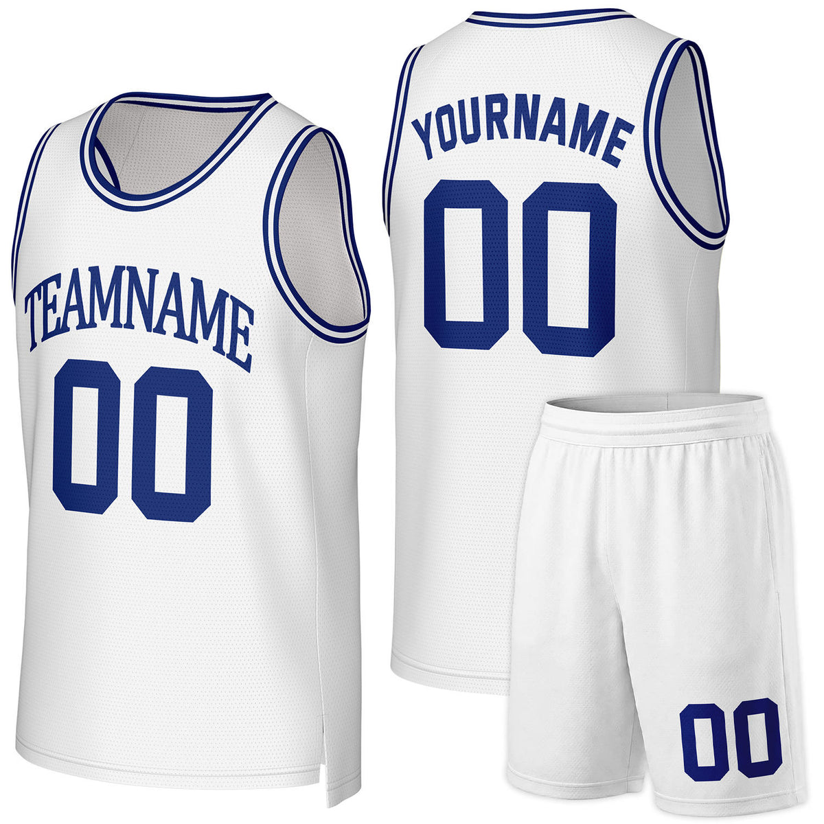 Custom basketball uniform set white‑blue by Vosoli, personalized team name, number & logo, quick‑dry mesh fabric for custom team sports and game‑ready basketball uniform set outfits