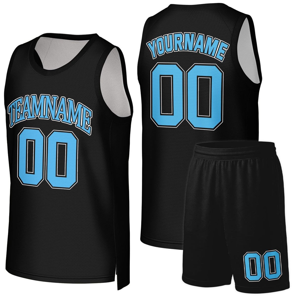 Custom basketball uniforms black‑skyblue by Vosoli, personalized team name, number & logo, quick‑dry mesh fabric for custom team sports and game‑ready basketball outfits