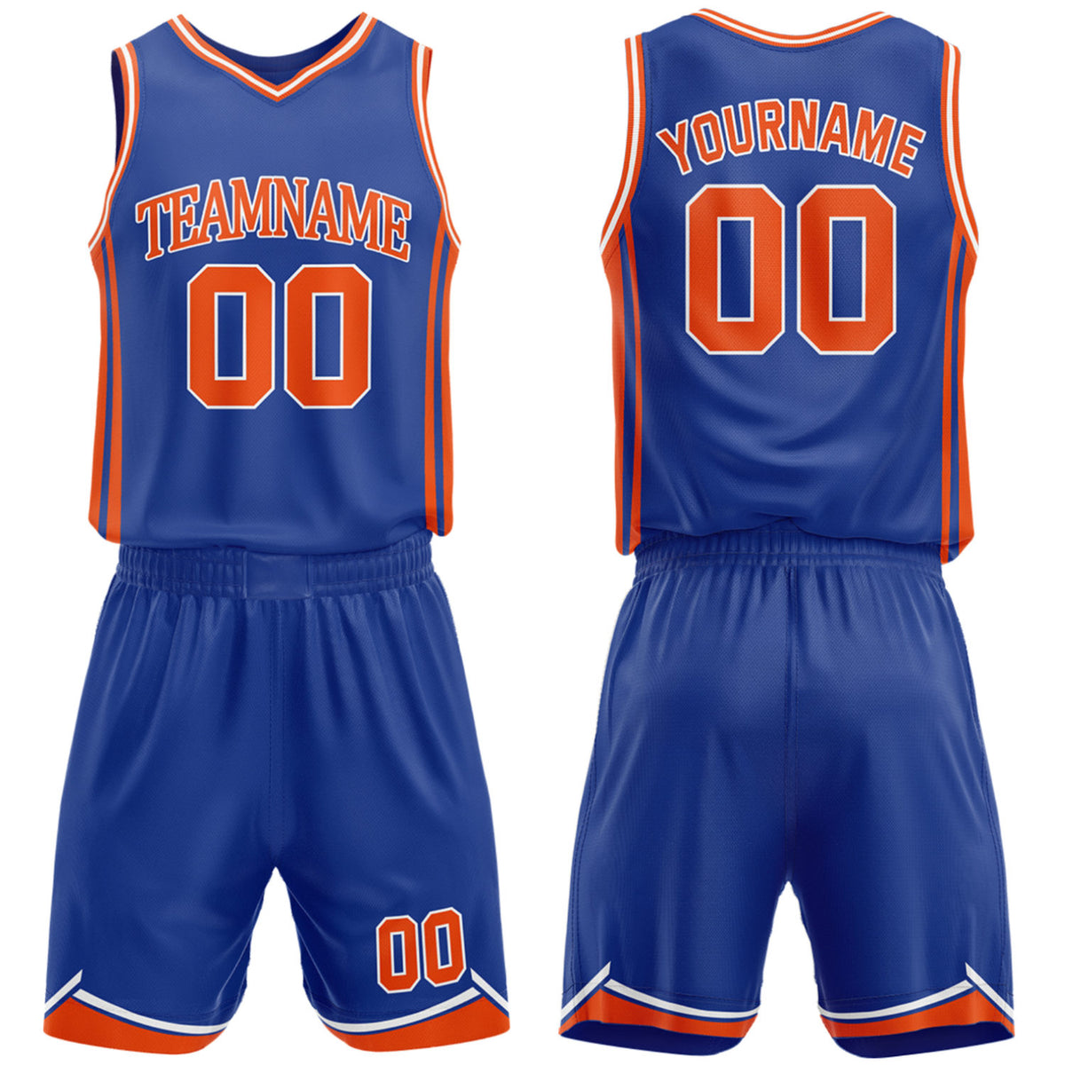 Custom basketball uniforms for high school blue‑orange set by Vosoli, personalized team name, number & logo, breathable mesh jersey and shorts for high school, youth and AAU teams