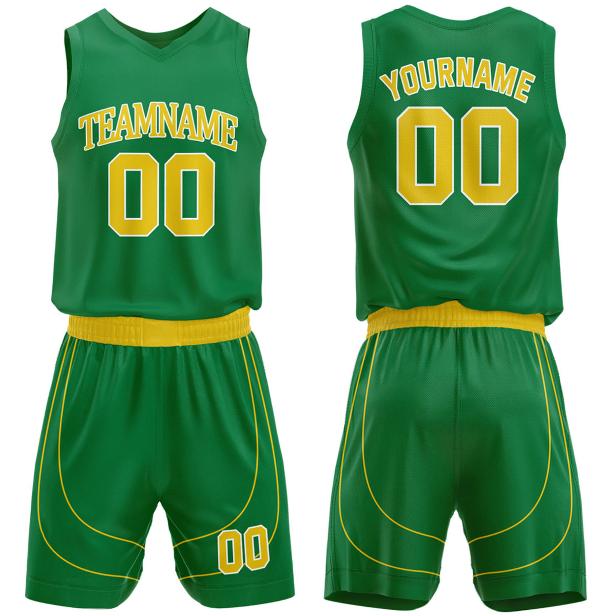 Custom basketball uniforms for high school green‑gold set by Vosoli, personalized team name, number & logo, breathable mesh jersey and shorts for high school, youth and AAU teams