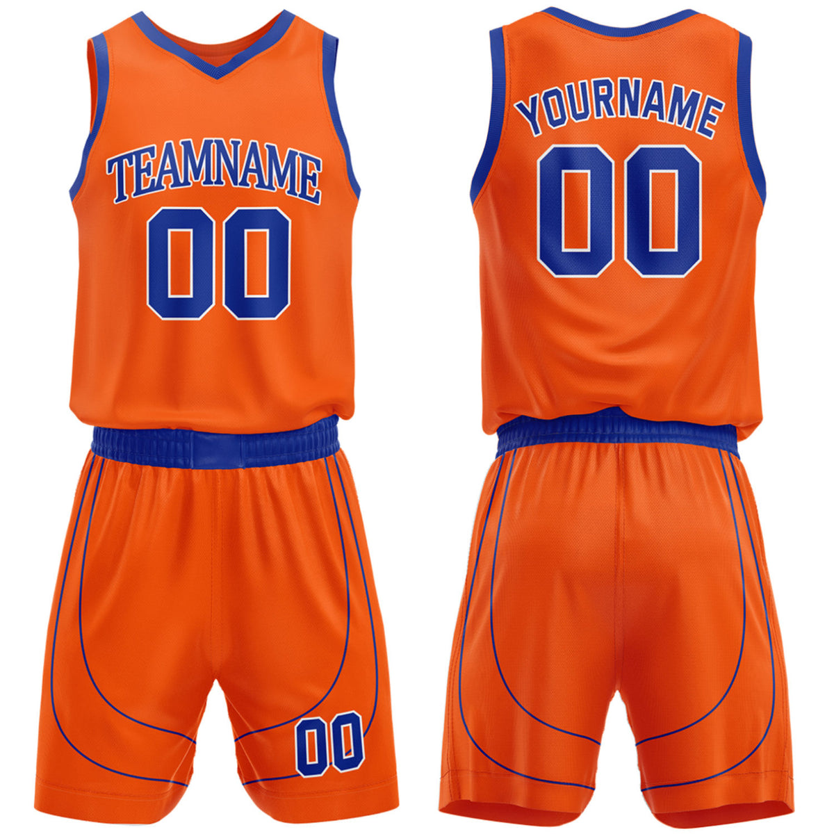 Custom basketball uniforms for high school orange‑blue set by Vosoli, personalized team name, number & logo, breathable mesh jersey and shorts for high school, youth and AAU teams