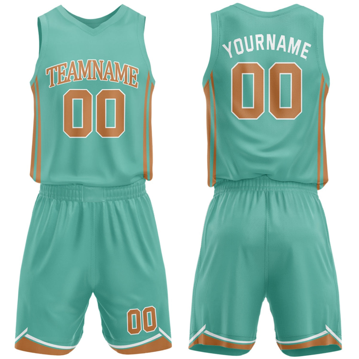 Custom basketball uniforms for high school teal‑copper set by Vosoli, personalized team name, number & logo, breathable mesh jersey and shorts for high school, youth and AAU teams