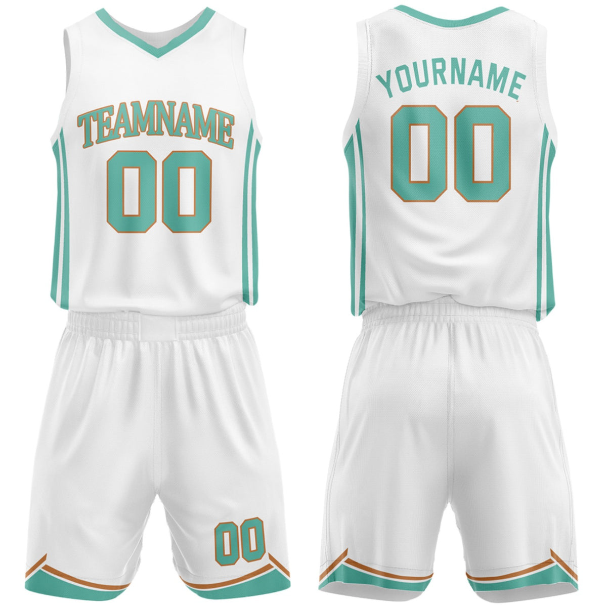 Custom basketball uniforms for high school white‑teal‑copper set by Vosoli, personalized team name, number & logo, breathable mesh jersey and shorts for high school, youth and AAU teams