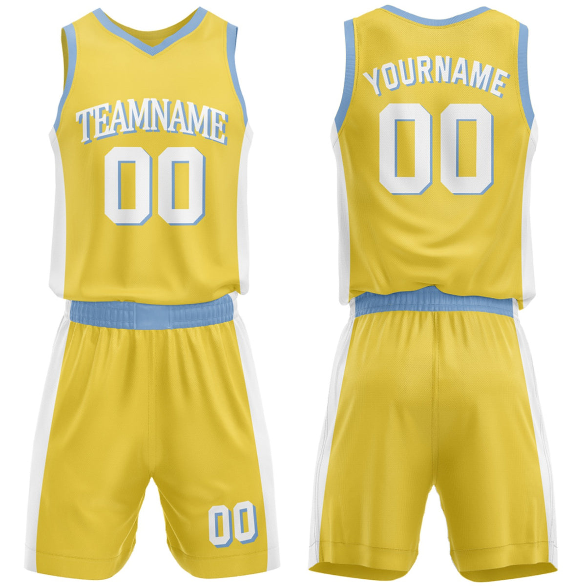 Custom basketball uniforms for high school yellow‑light‑blue set by Vosoli, personalized team name, number & logo, breathable mesh jersey and shorts for high school, youth and AAU teams