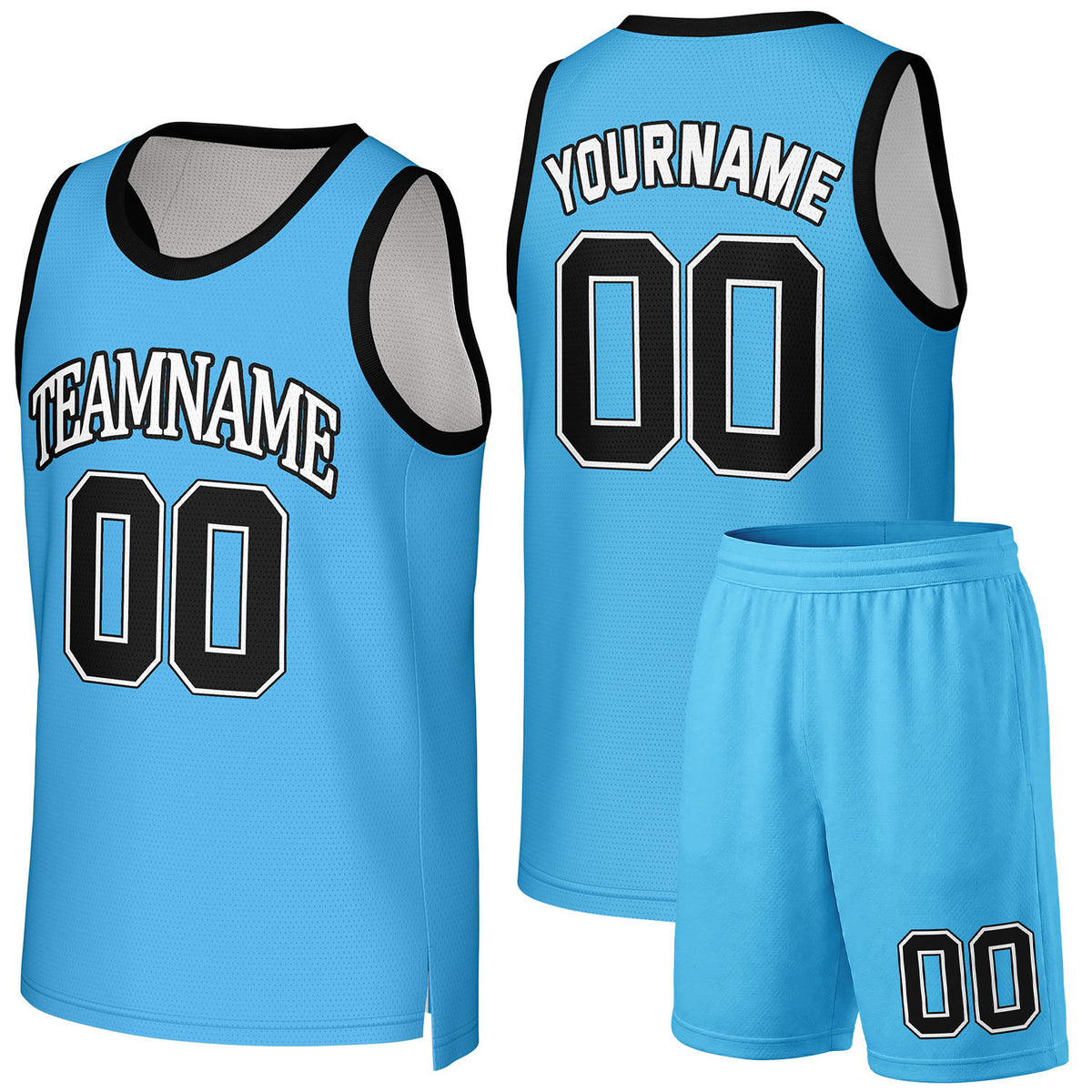 Custom basketball uniforms skyblue‑black by Vosoli, personalized team name, number & logo, quick‑dry mesh fabric for custom team sports and game‑ready basketball outfits