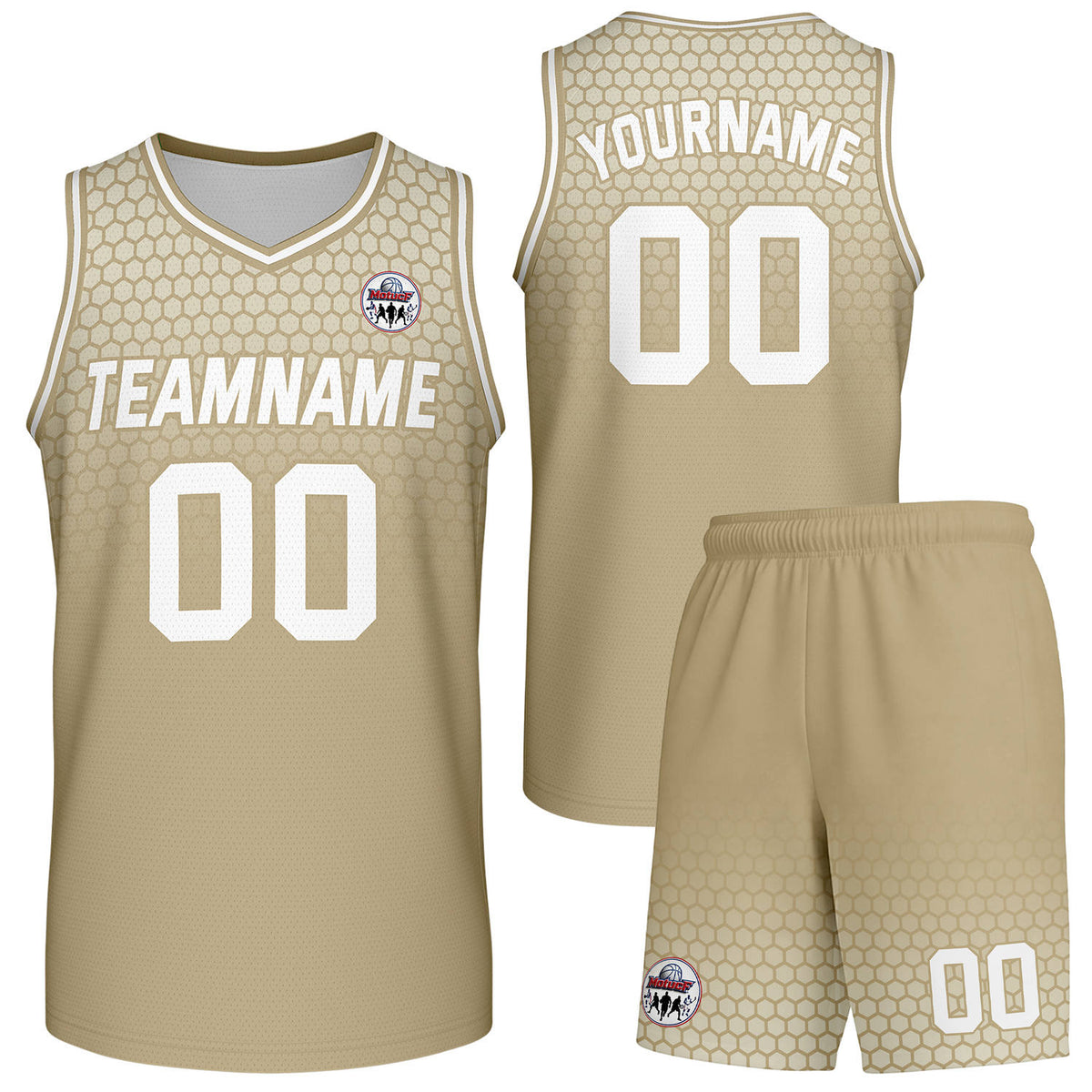Custom beige honeycomb-pattern basketball uniform set, personalized team name number logo breathable mesh jersey and shorts men women youth game practice - Vosoli
