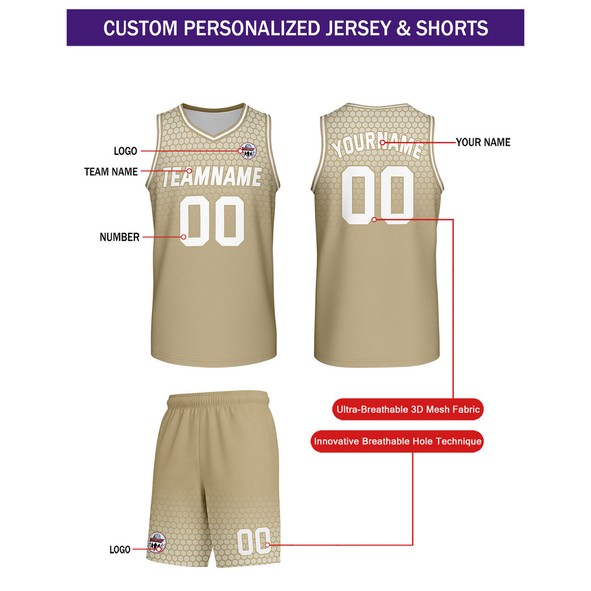 Custom Beige Honeycomb Basketball Uniform Set | Personalized Team Name & Number - Vosoli