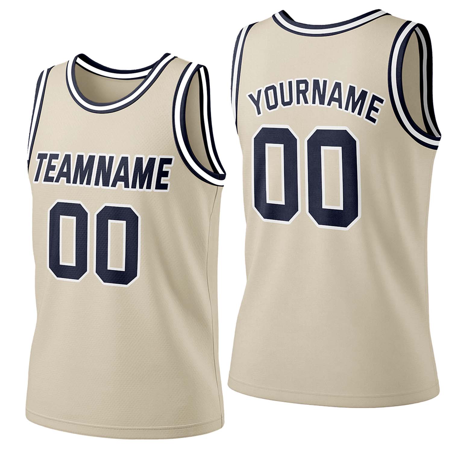 Custom beige-navy mesh basketball jersey by Vosoli | Personalized name & number team uniform for youth & adults