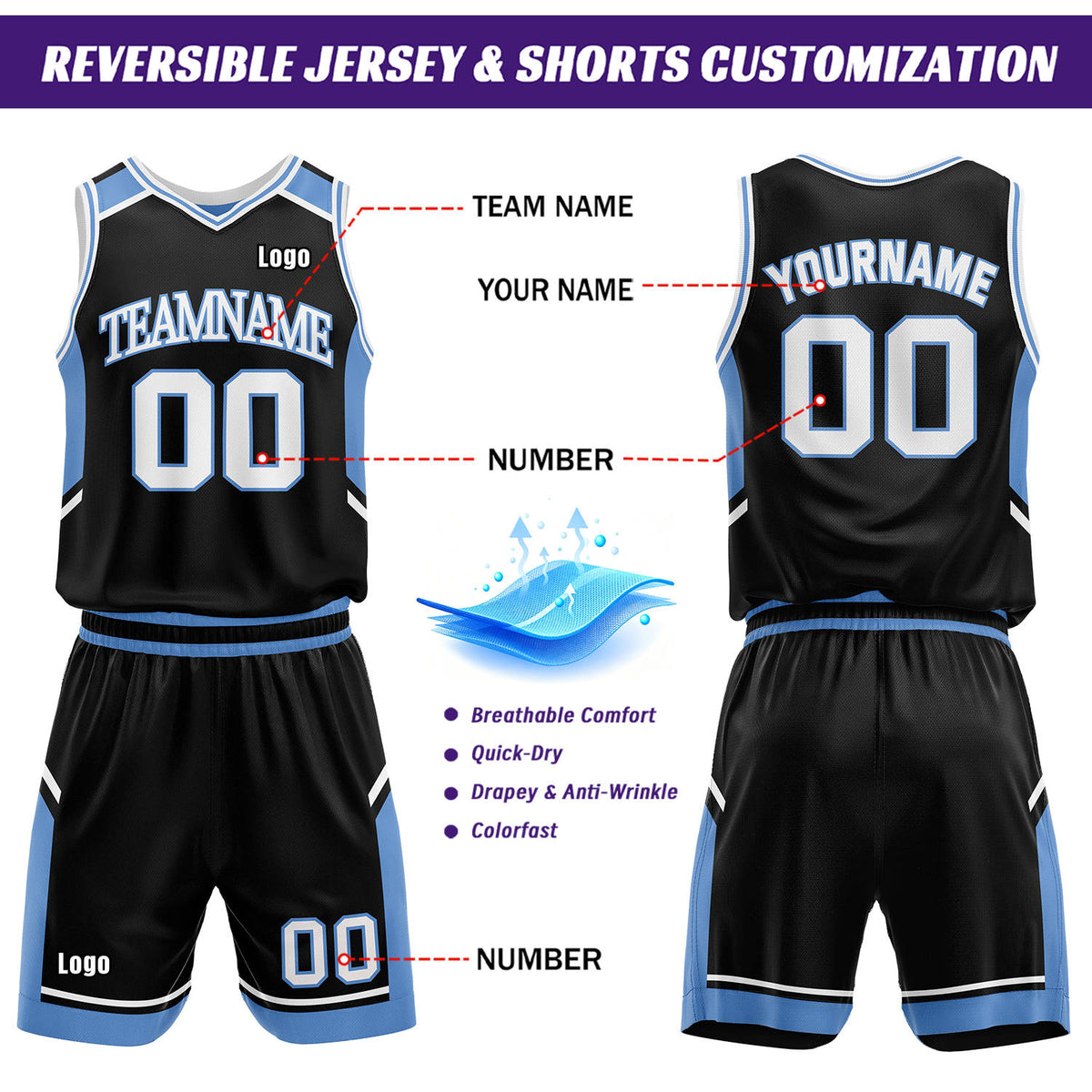 Custom Reversible Basketball Uniform Set | Black & Carolina Blue V-Neck Sleeveless Jersey & Athletic Shorts
