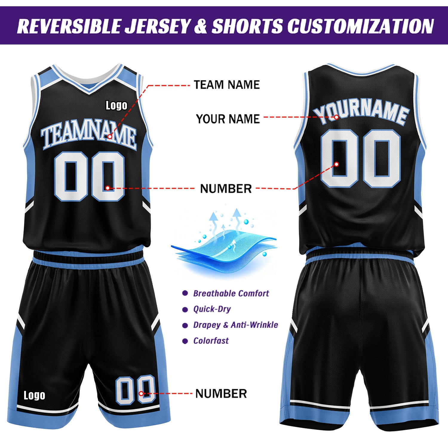 Custom Reversible Basketball Uniform Set | Black & Carolina Blue V-Neck Sleeveless Jersey & Athletic Shorts