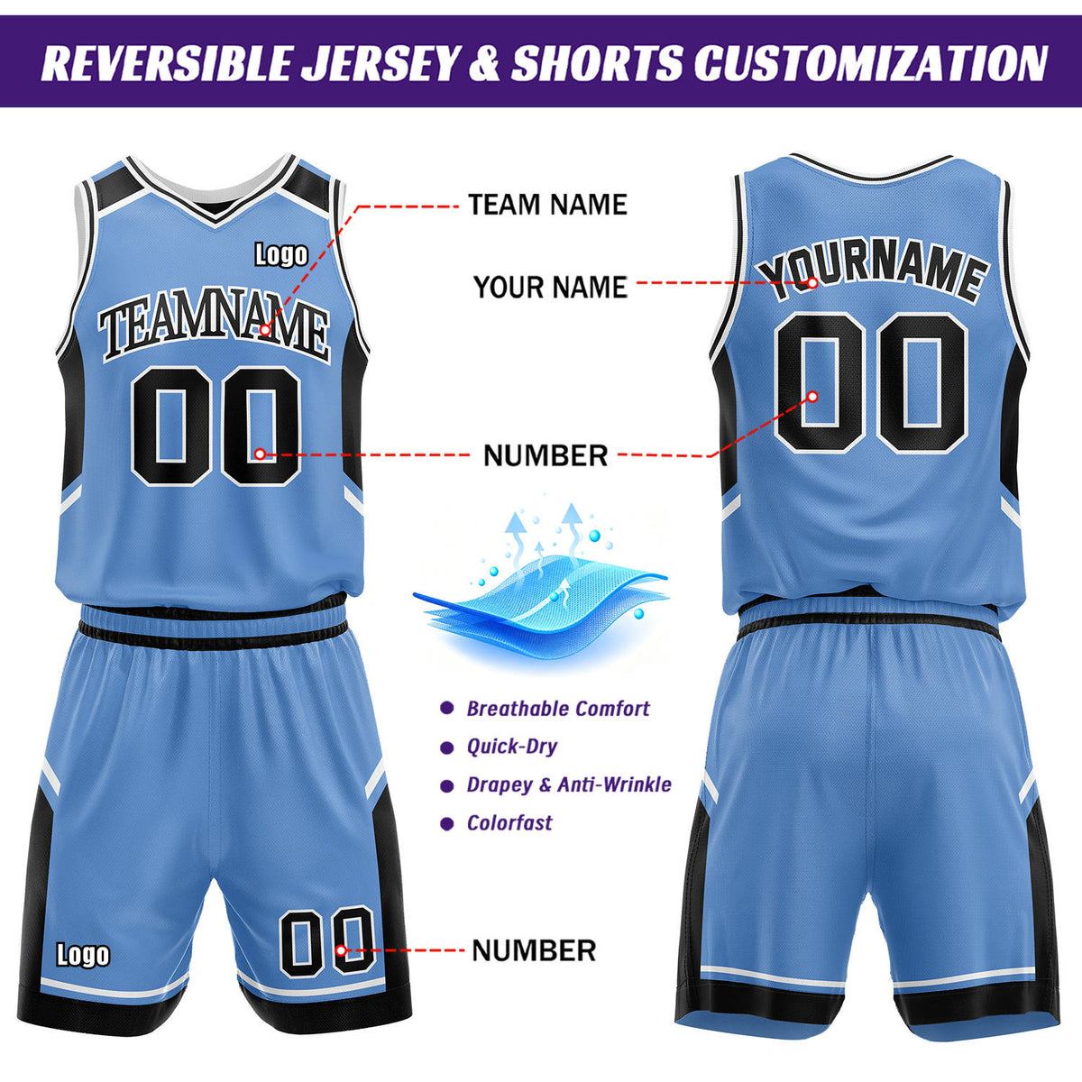 Custom Reversible Basketball Uniform Set | Black & Carolina Blue V-Neck Sleeveless Jersey & Athletic Shorts