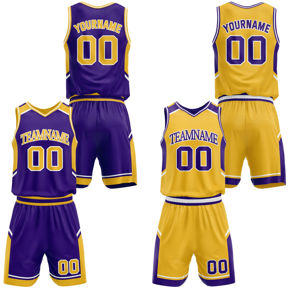 Custom big and tall purple and gold reversible basketball uniforms, personalized team name, player number and logo, breathable moisture wicking mesh for adult players.