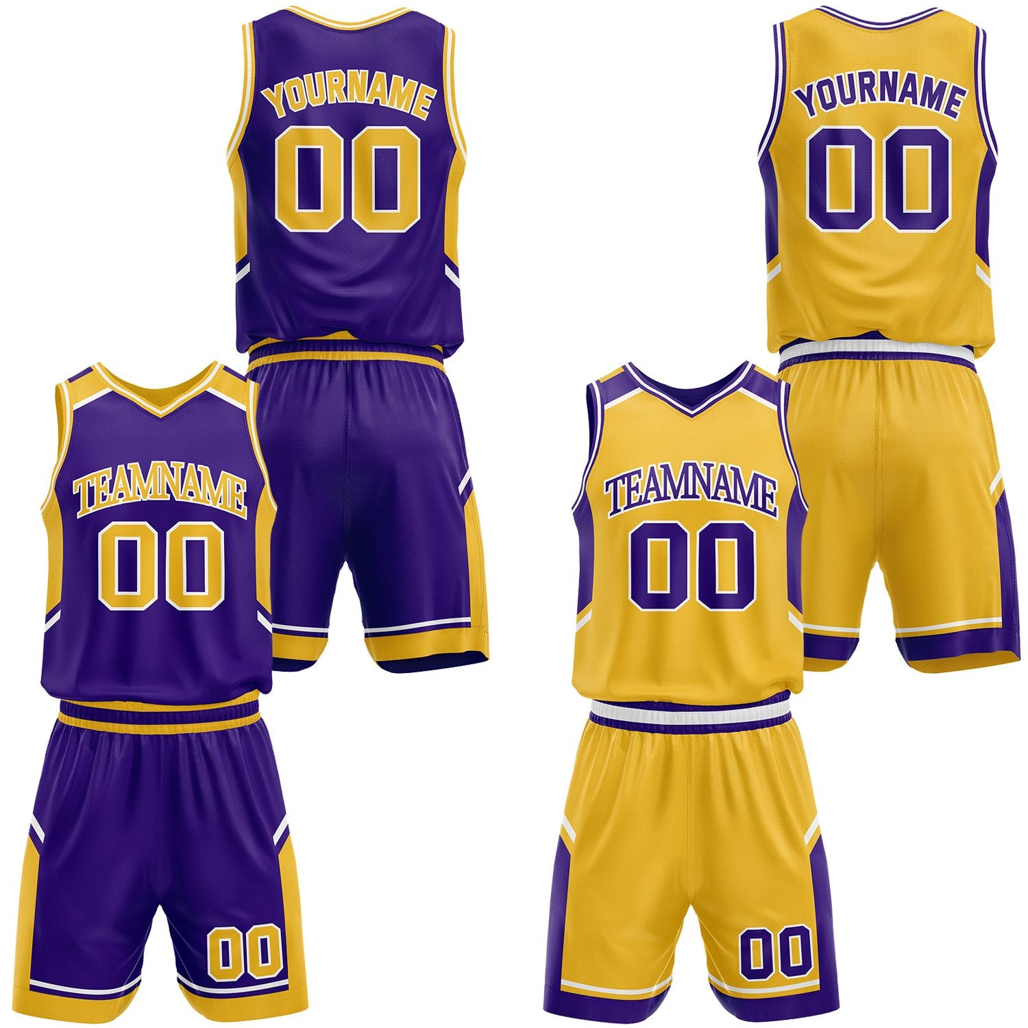 Custom big and tall purple and gold reversible basketball uniforms, personalized team name, player number and logo, breathable moisture wicking mesh for adult players.
