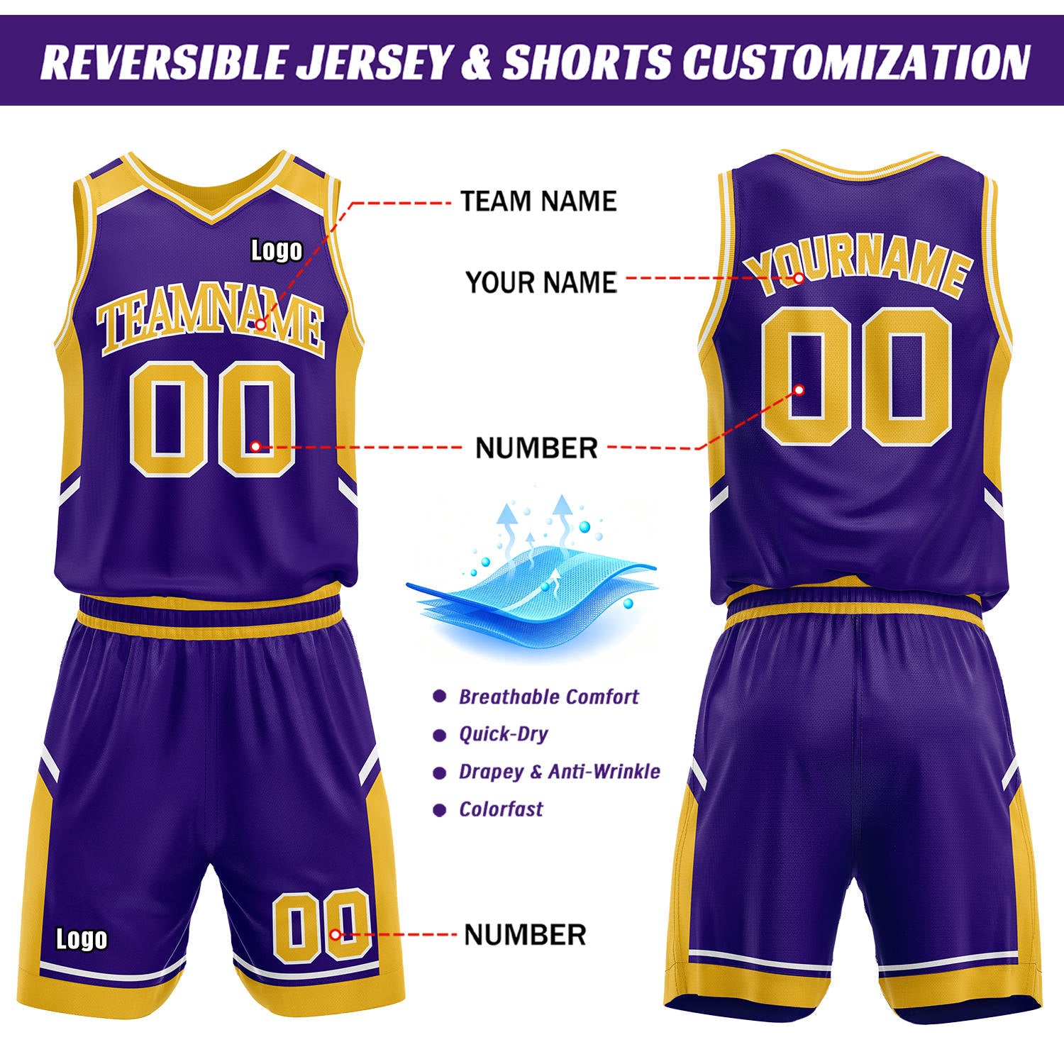 Custom Reversible Basketball Uniform Set | Purple & Gold V-Neck Sleeveless Jersey & Athletic Shorts