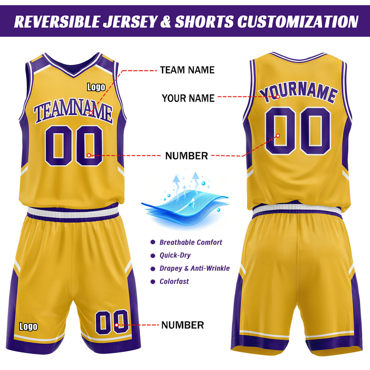 Custom Reversible Basketball Uniform Set | Purple & Gold V-Neck Sleeveless Jersey & Athletic Shorts