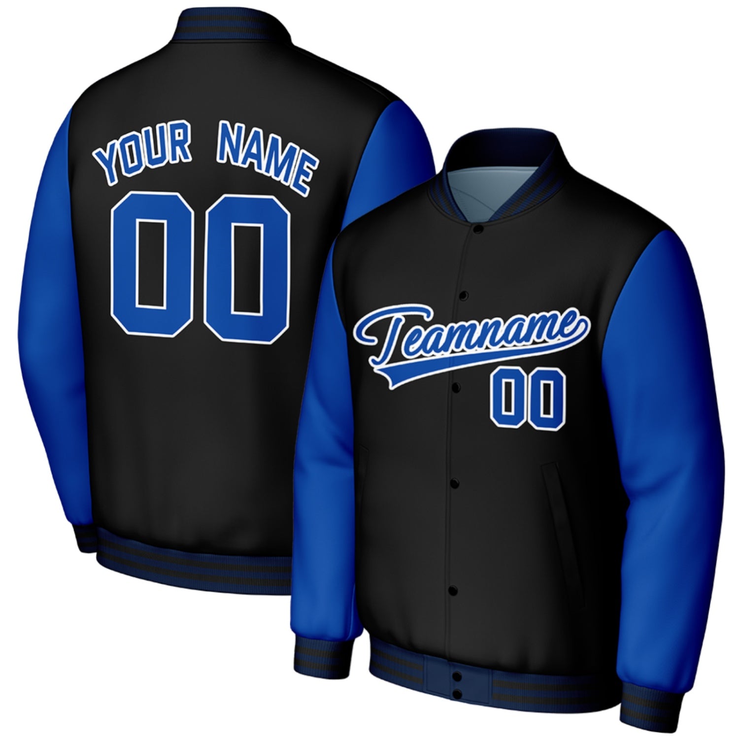 custom black blue baseball jackets for high school teams by Vosoli, personalized stitched name, number & logo, classic button up varsity letterman jacket for high school baseball team and casual wear