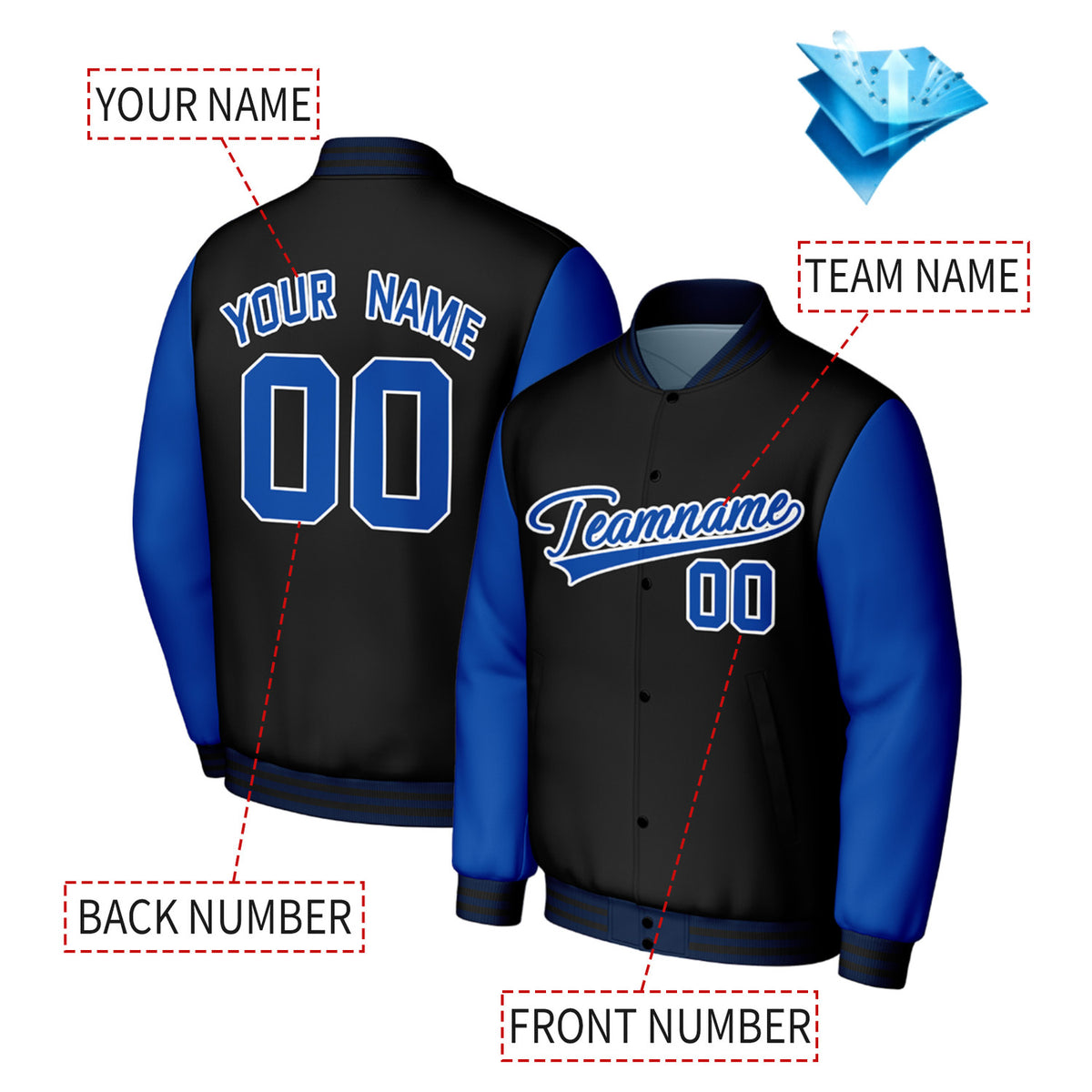 Custom Black & Blue Baseball Jacket | Personalized Letterman Jacket with Stitched Name & Number for Adult & Youth