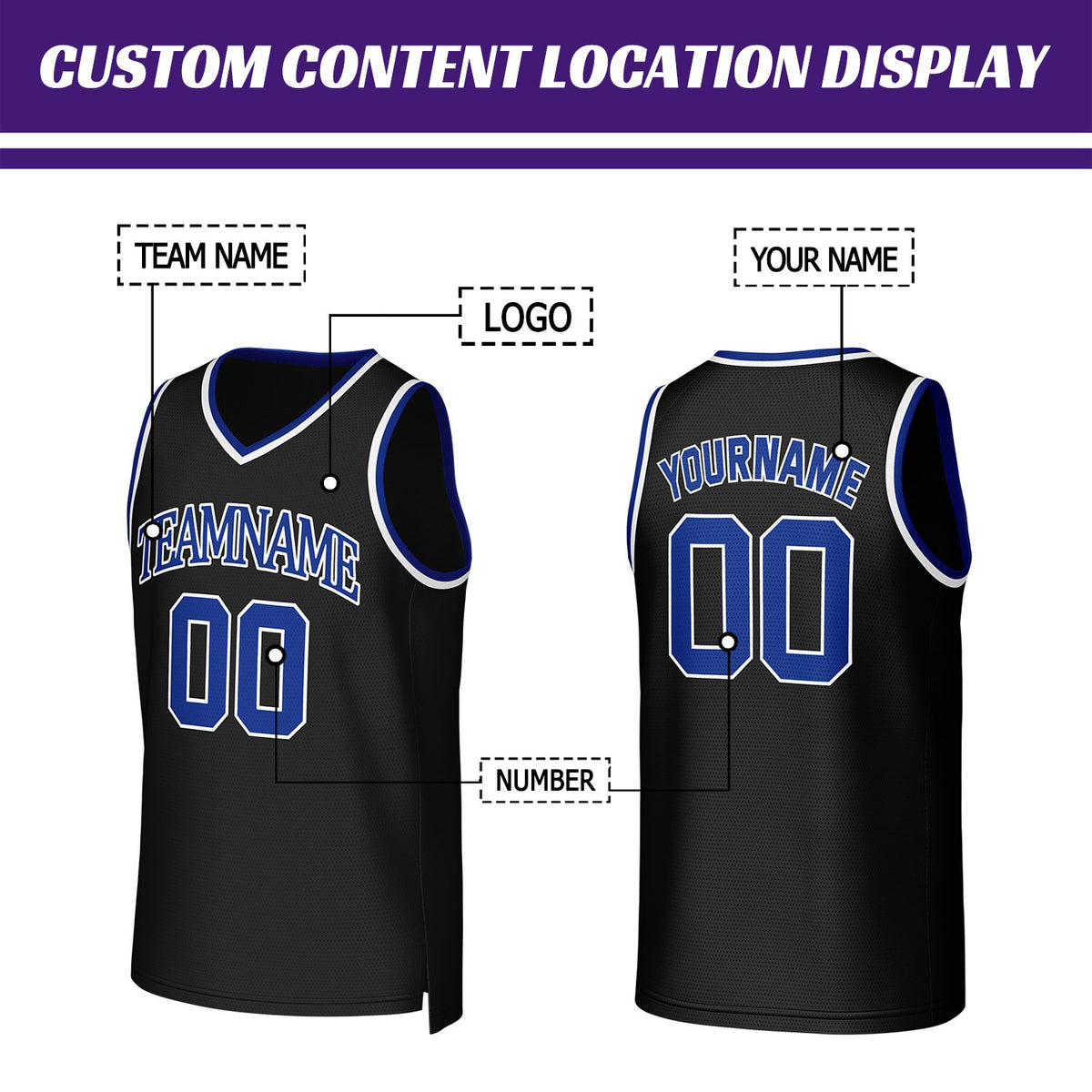 Custom Black & Blue Basketball Jersey | Personalized Name & Number Team Uniform