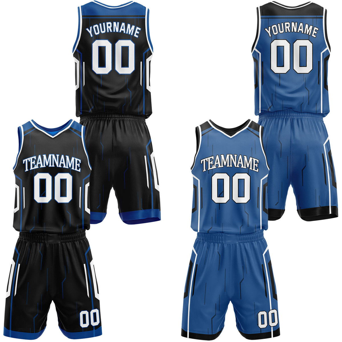 Custom black &amp; blue reversible basketball jersey shorts set by Vosoli | Personalized block team name number tech geometric uniform sportswear