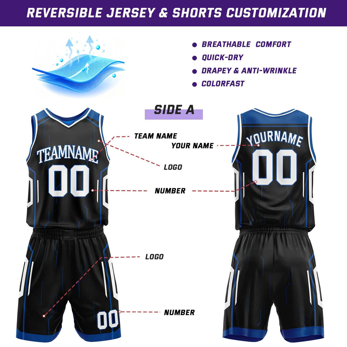 Custom Black & Blue Reversible Geometric Basketball Jersey Shorts Set | Personalized Team Uniform