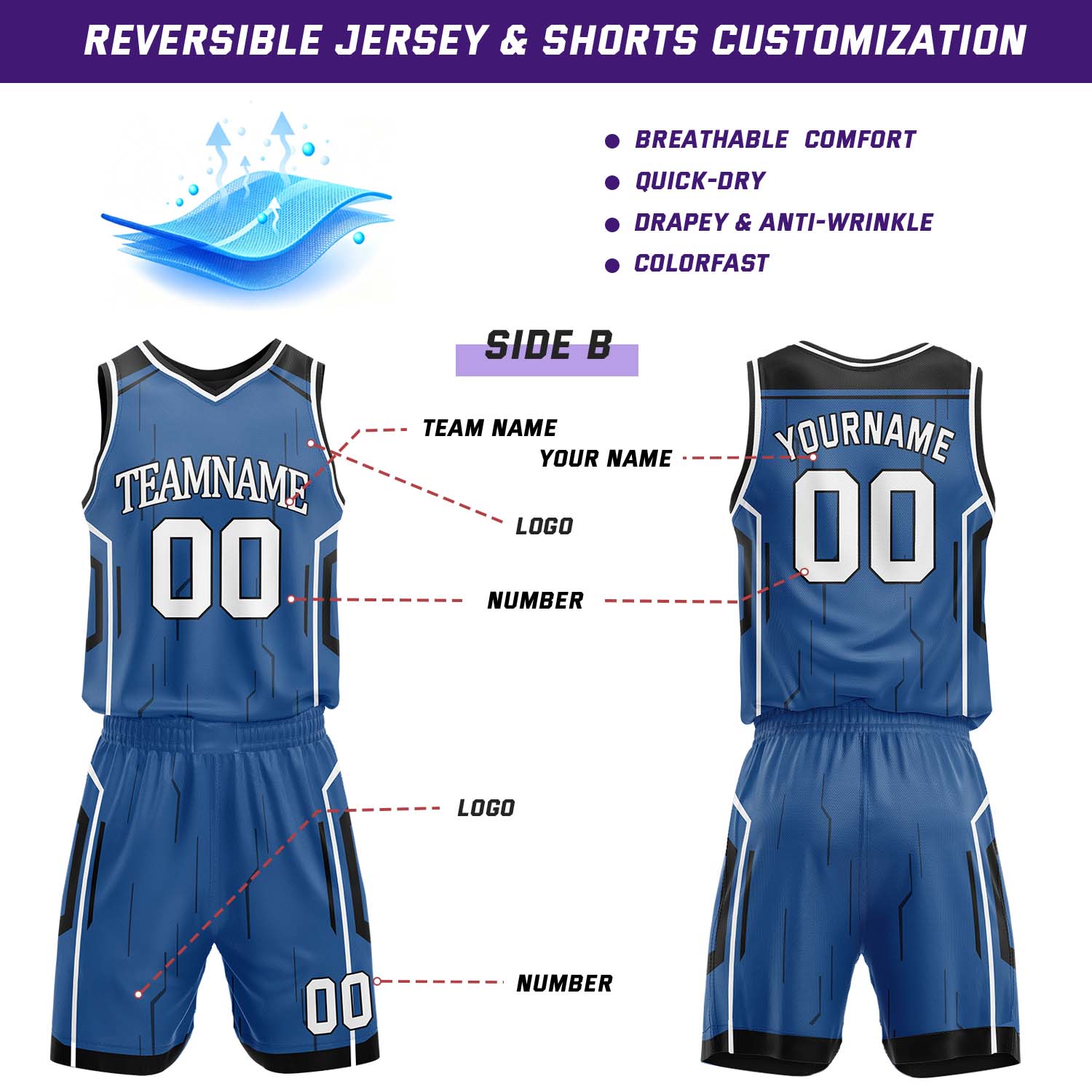 Custom Black & Blue Reversible Geometric Basketball Jersey Shorts Set | Personalized Team Uniform
