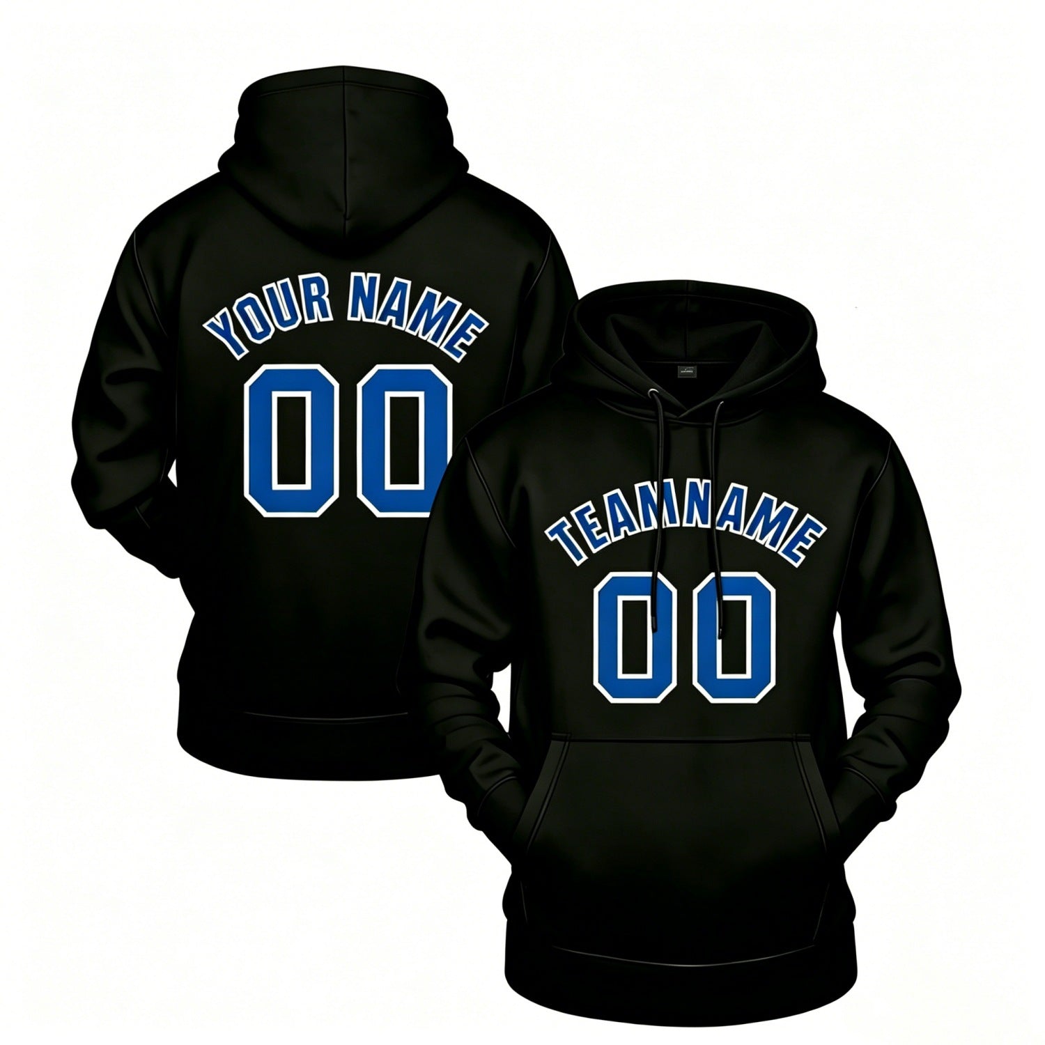 Custom black hoodie with blue print, personalized name & number pullover, casual sports hoodie for men women youth fan wear - Vosoli