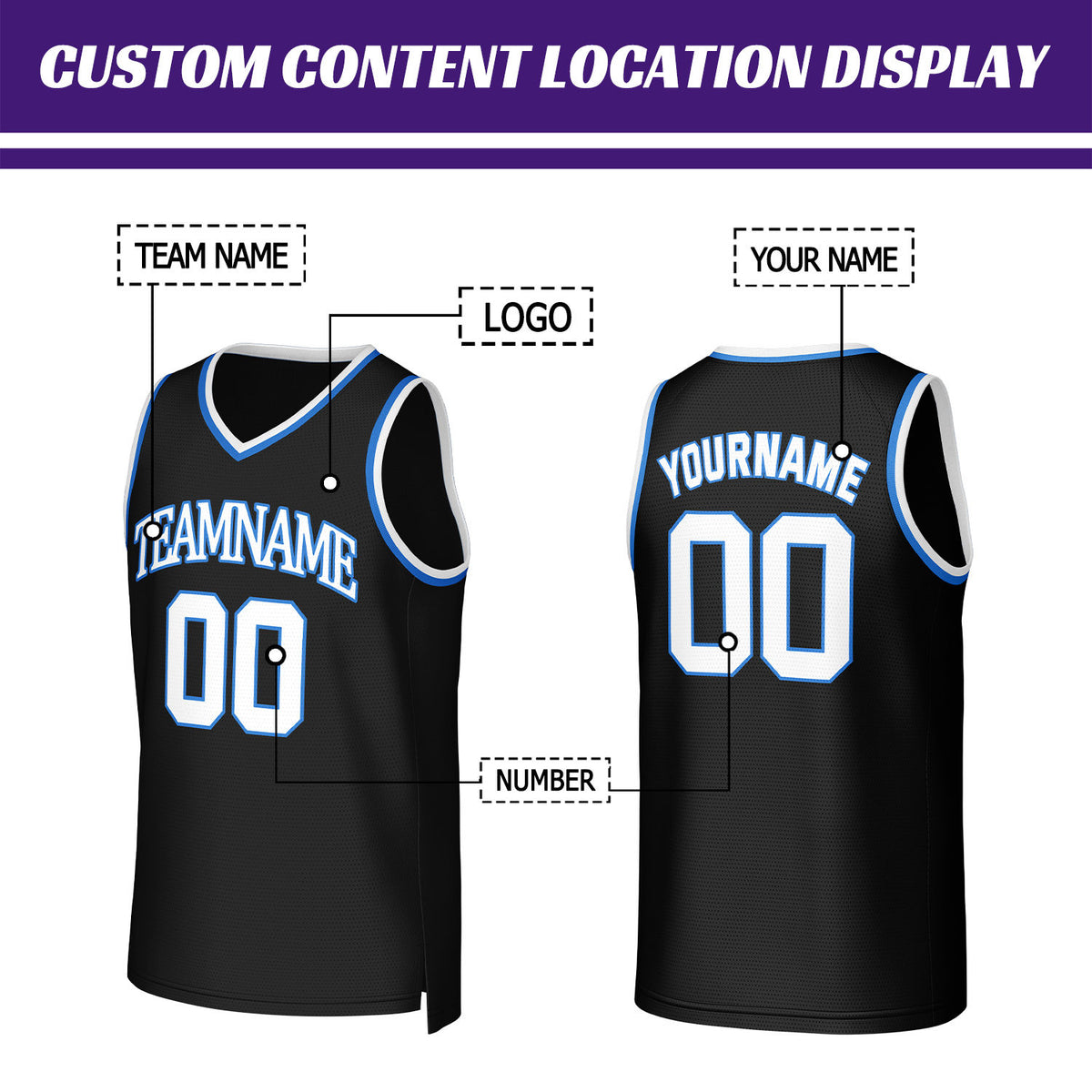 Custom Black & Bright Blue Basketball Jersey | Personalized Name & Number Team Uniform