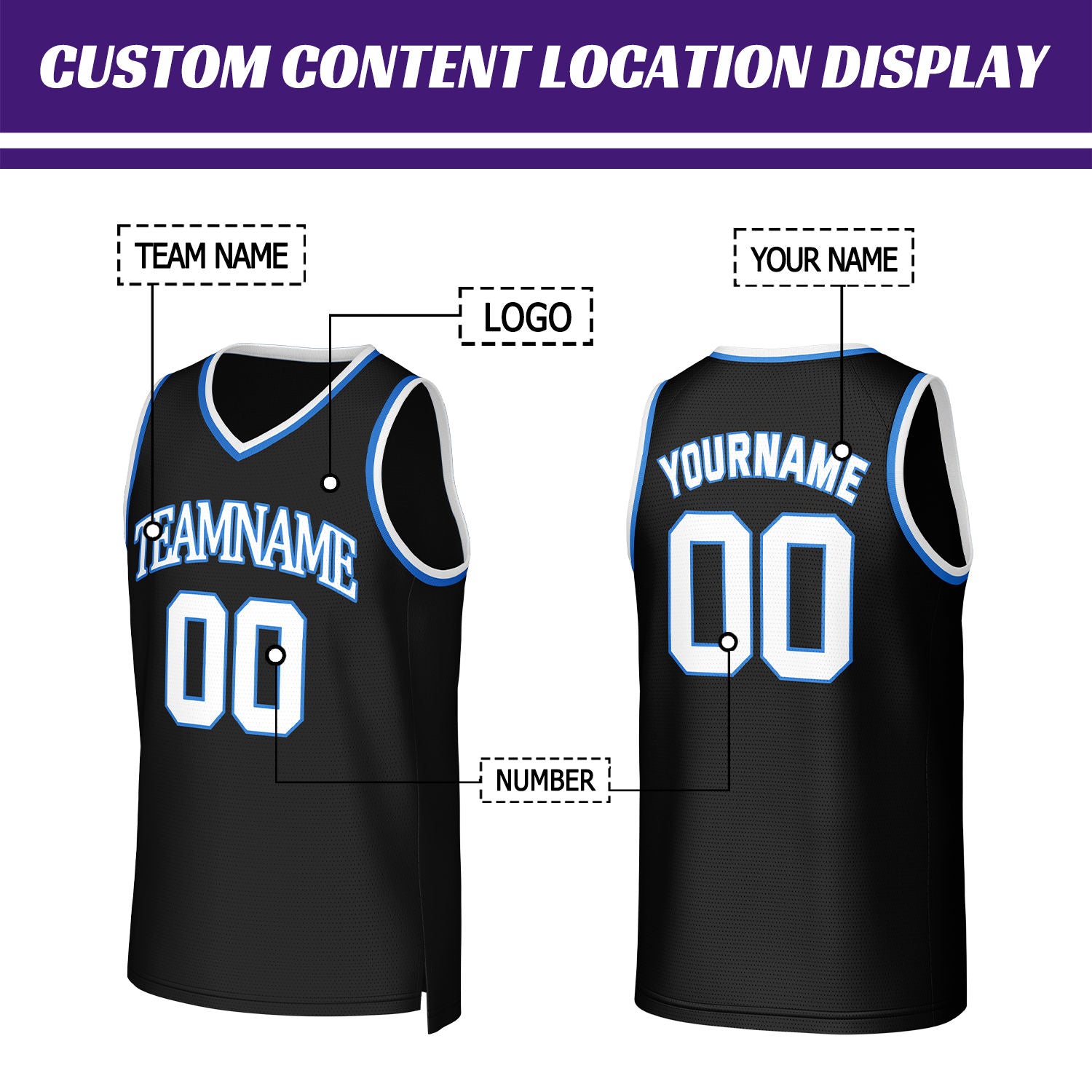 Custom Black & Bright Blue Basketball Jersey | Personalized Name & Number Team Uniform