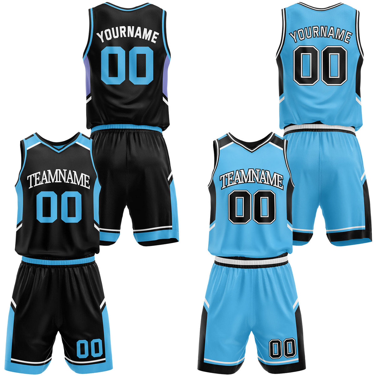 Custom black and carolina blue v-neck basketball uniforms, personalized name, number and logo, breathable mesh for youth & adult.