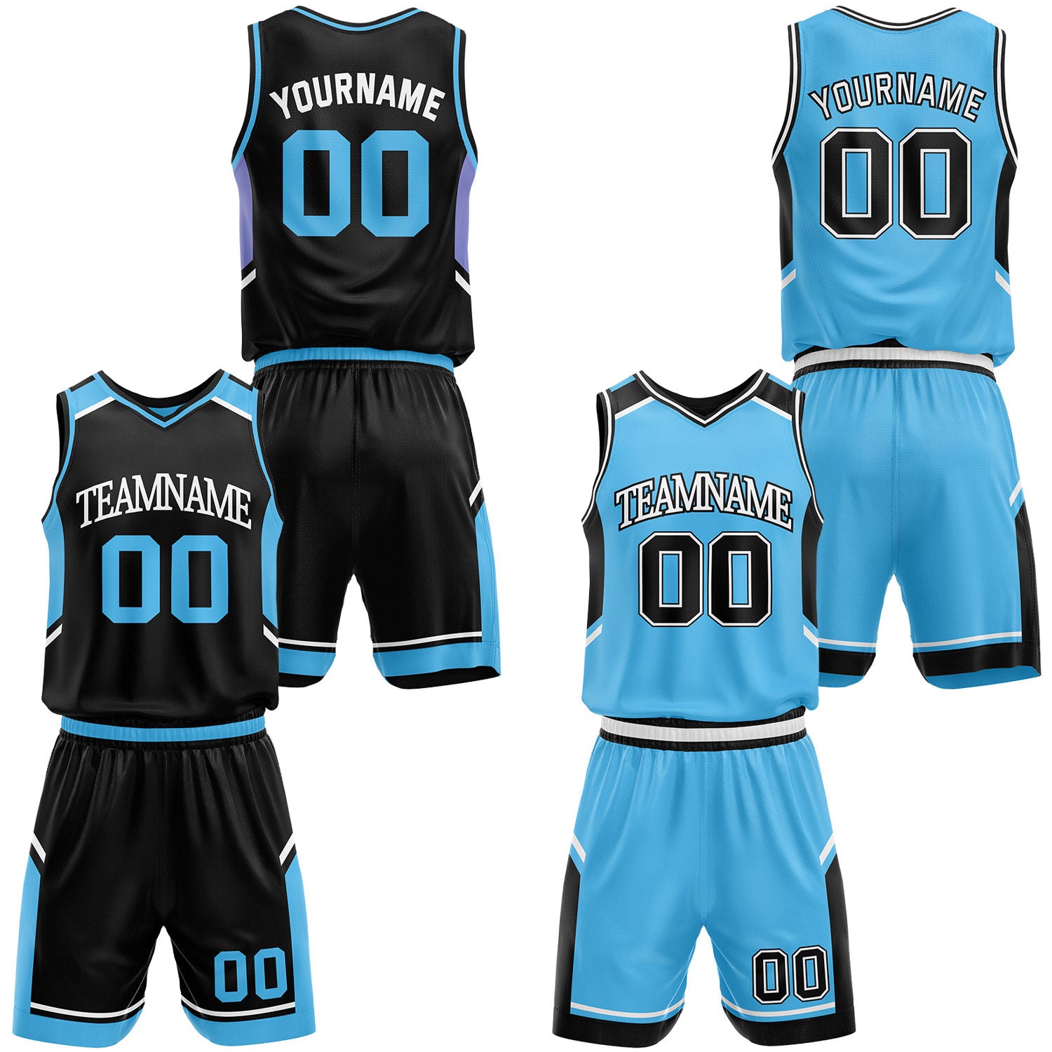 Custom black and carolina blue v-neck basketball uniforms, personalized name, number and logo, breathable mesh for youth & adult.
