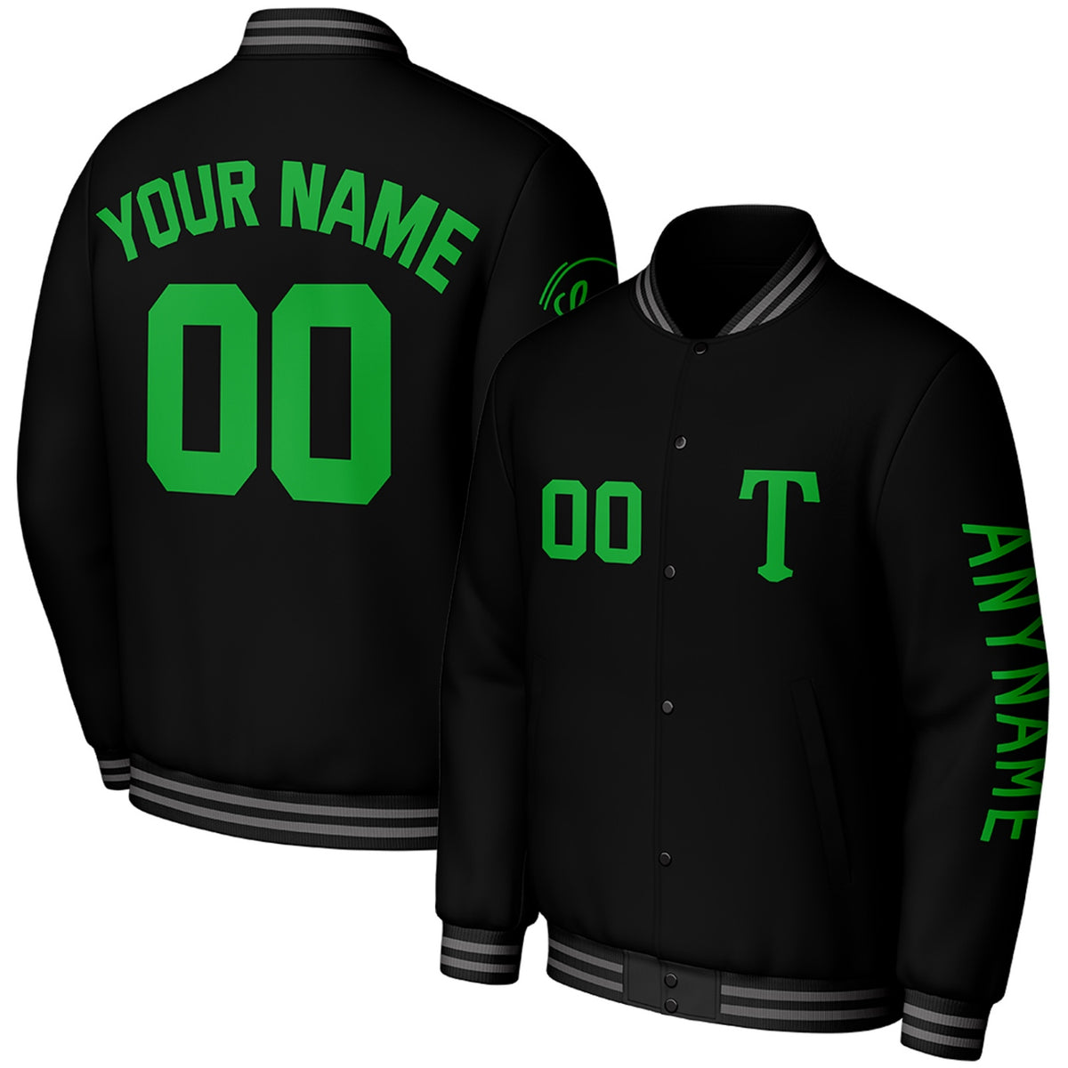 custom black club baseball jackets by Vosoli, personalized stitched name, number &amp; logo, classic button up varsity letterman jacket for club baseball team and casual wear