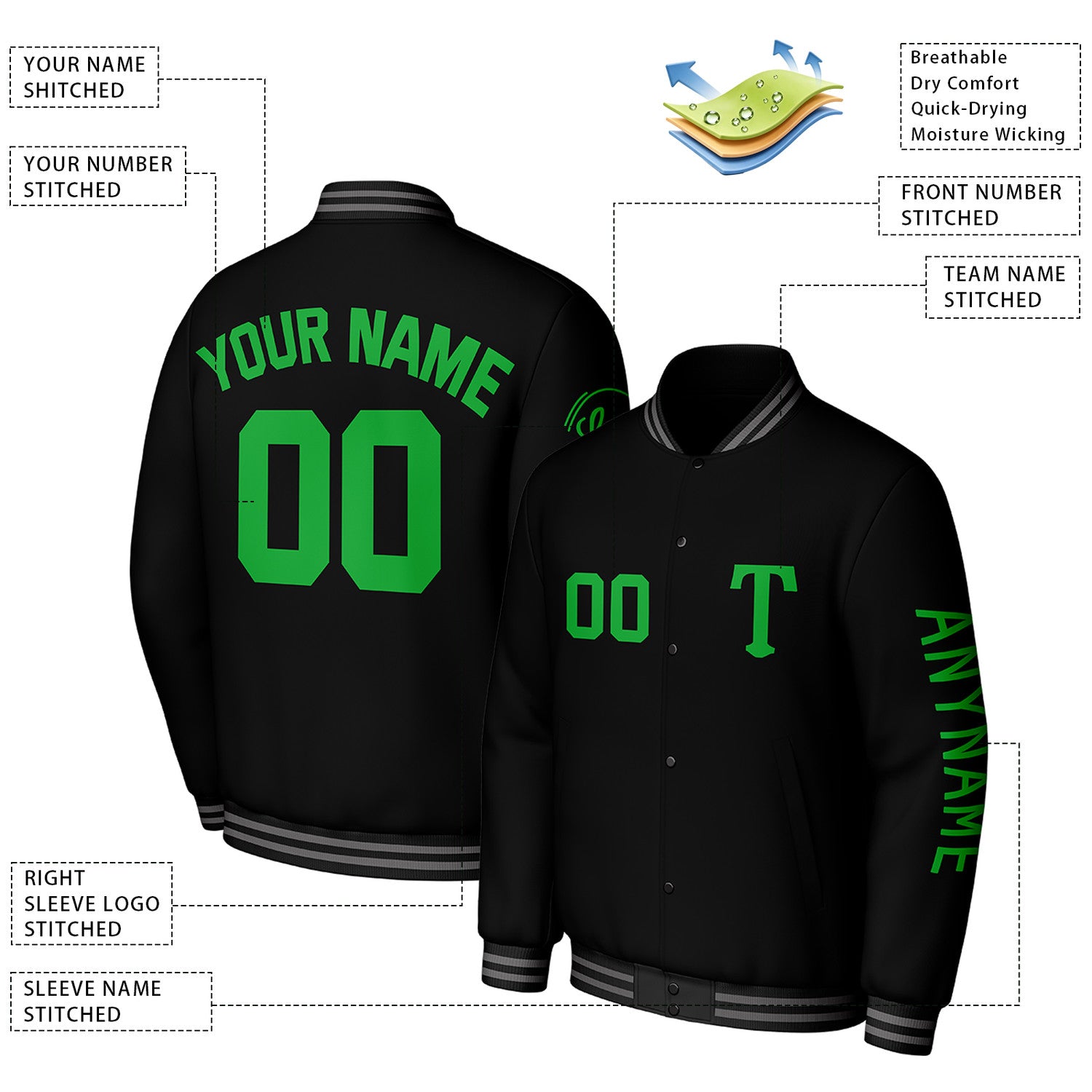Custom Black Varsity Baseball Jacket | Personalized Letterman Baseball Bomber for Adult & Youth