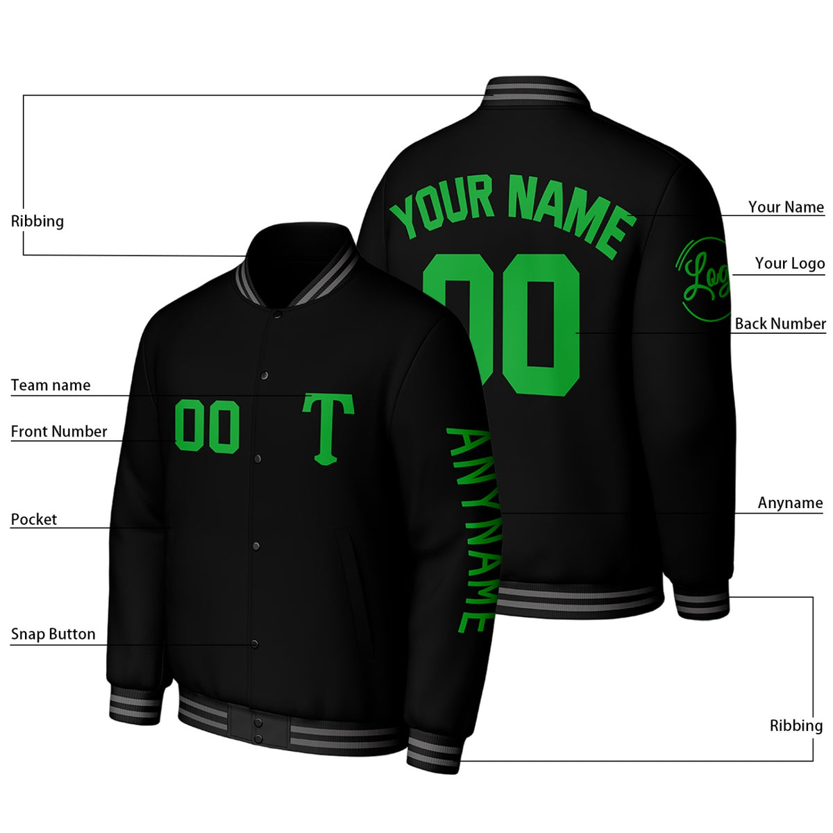 Custom Black Varsity Baseball Jacket | Personalized Letterman Baseball Bomber for Adult & Youth