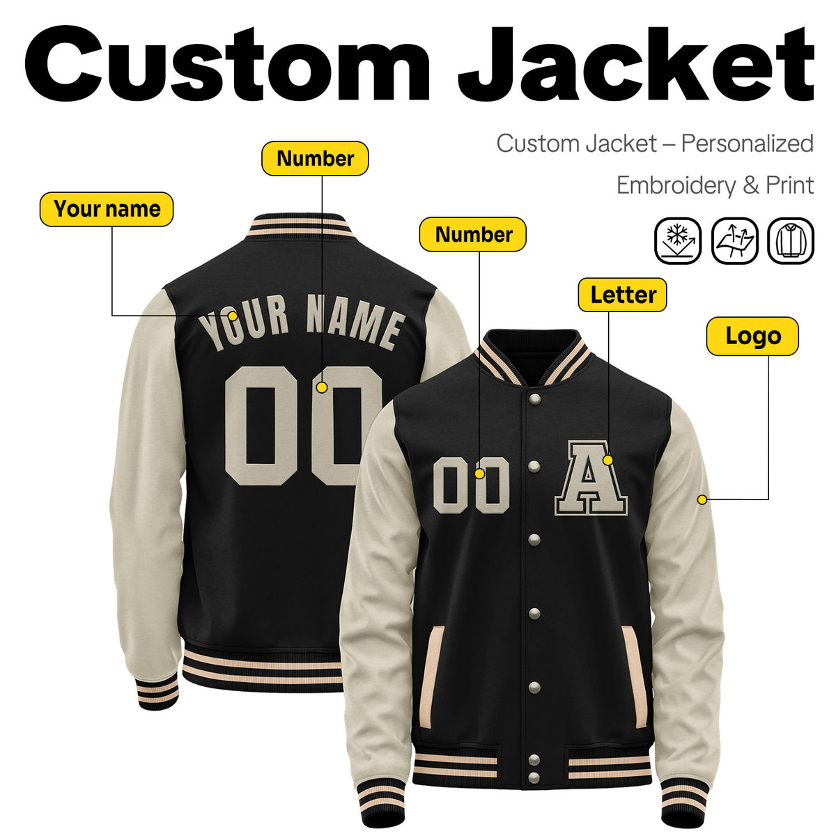 Custom Varsity Jacket with Stitched Name & Number | Black & Cream Personalized Team Letterman Bomber