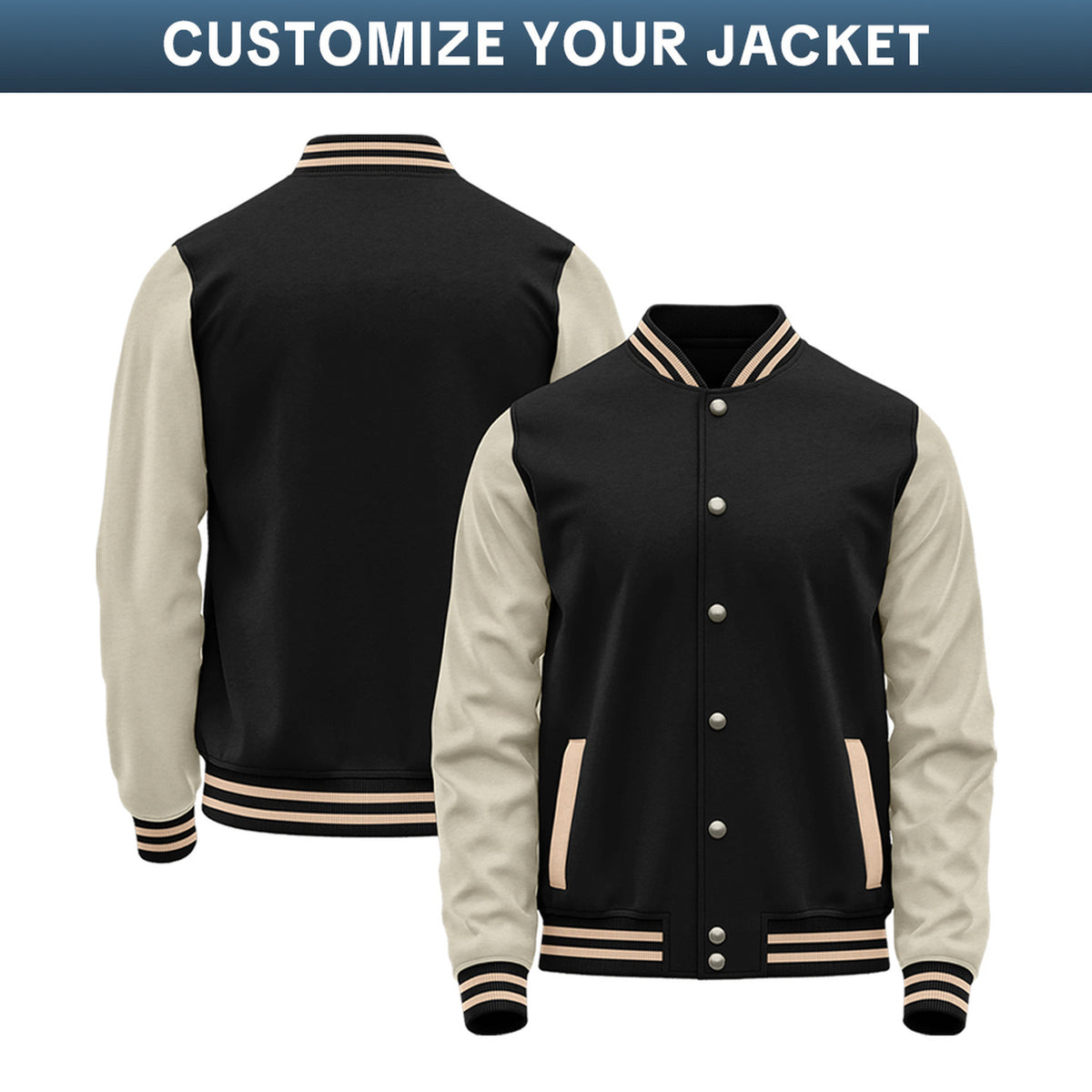 Custom Varsity Jacket with Stitched Name & Number | Black & Cream Personalized Team Letterman Bomber