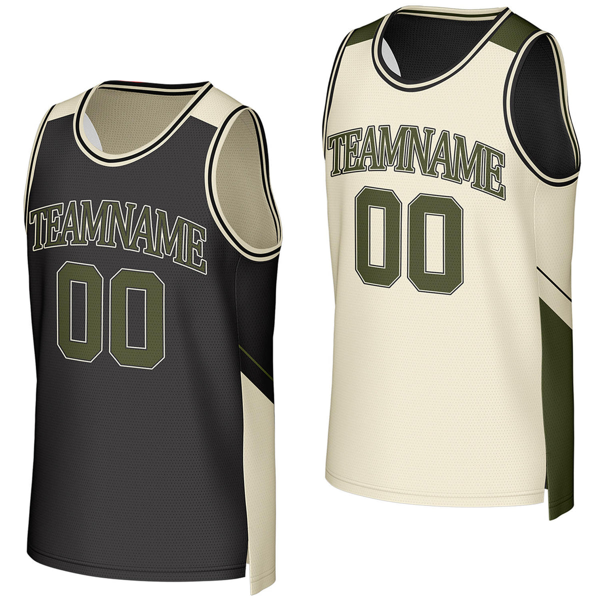Custom black & cream reversible basketball jersey by Vosoli. Personalized with team name, player name, number, and logo on both sides. Breathable mesh 2-in-1 jersey for high school, college, AAU teams.